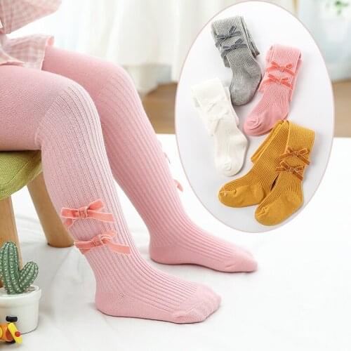 4-color vertical strip spring and autumn pure cotton double bow tights baby soft skin-friendly anti-mosquito breathable socks