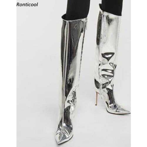 Ronticool New Women Knee Boots Patent Leather 12 Cm Stiletto Heel Pointed Toe Gorgeous Silver Night Club Shoes Plus US Size 5-15