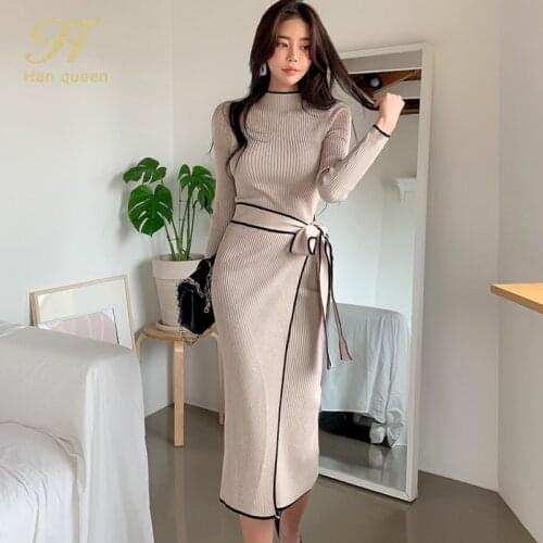 H Han Queen Autumn Winter Elegant Lace-Up Pencil Dress Women Simple Slim Elastic Knitted Sheath Bodycon Dresses Office Vestidos