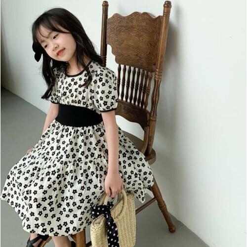 Summer New Girls' Dress Splicing Elastic High Waist Temperament Flowers Princess Princess Dress Baby Kids ChildrenS Clothing