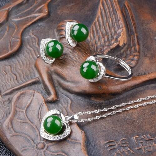 Natural jasper green jade pendant with 925 sterling silver jadeite jade necklace ring earing sterling silver jewellery 925 set