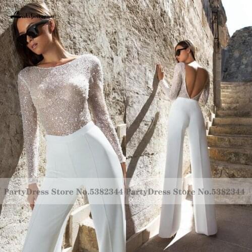 Lakshmigown Luxury Satin Wedding Dress Jumpsuit Style 2021 Sexy Backless Long Sleeve Bridal Wedding Gowns Hochzeit Party Dresses