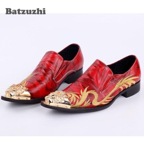 Luxury Rock Men Shoes Embroidery Handmade Men Leather Shoes Metal Toe Men Oxfords Red Wedding and Party Shoes Flats, Big Size 12