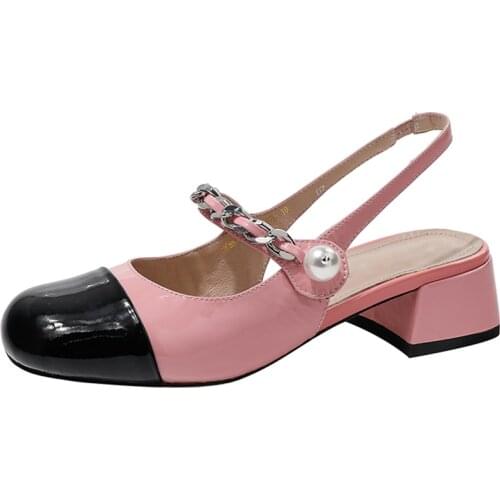 Pink And Silver Sandals Women Buckles Metal Decoration Thick Middle Heel Splicing Square Head French Retro Shoes Women