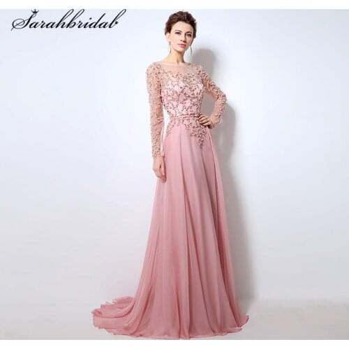 Sexy Prom Dresses Sheer Long Sleeve Dubai Rode De Soiree Pink See Through Pearls Sash Sequins Formal Chiffon Evening Gown LX051