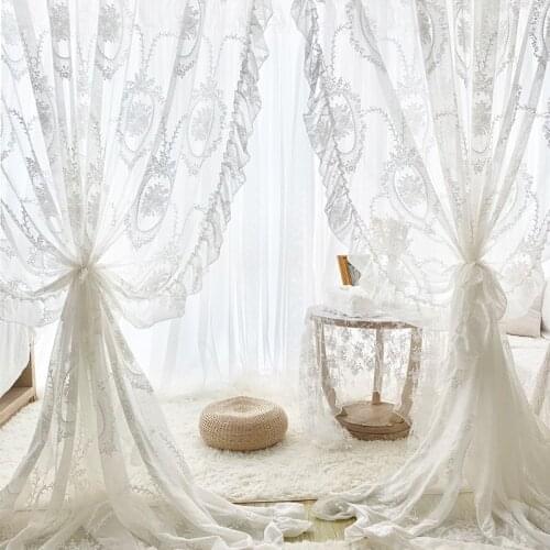 1PCS Rod Pocket French Retro White Lace Princess Tulle Curtain for Livingroom Lotus Leaf Finished Window Sheer Drape DL-M190d