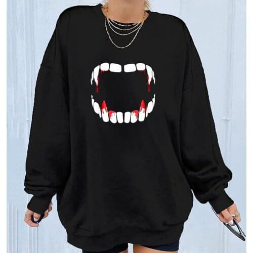 Women Long Sleeve Ghost Tooth Happy Halloween Pullover Sweatshirt Top Shirt Solid Color Casual Daily All-match Girls T-shirt