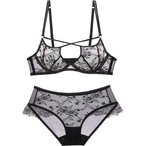 Women`s Push Up Sexy Super Thin Lace Bra Lady Embroidery Bra Set Woman 3/4 Cup Underwear Temptation Bra Sizs 85 B C D