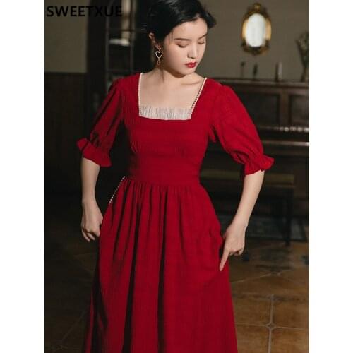 SWEETXUE Red Beaded Elegant Retro Dress Square Collar Womens Summer 2021 Temperament Party Chic Dress Womens Clothing