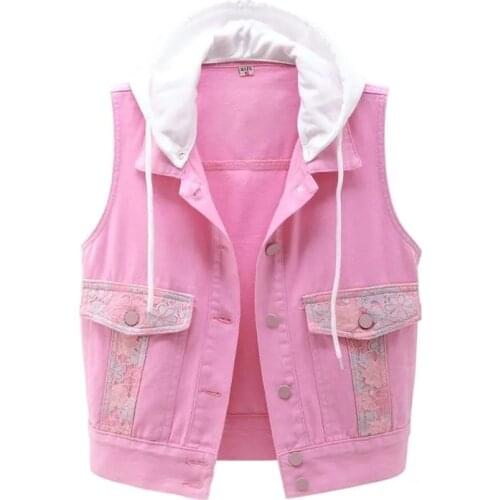 Autumn Women Plus Size Denim Vest Sleeveless Waistcoat Students Casual Tops Jeans Jackets Casual Hooded Jean Vest Pink White 5XL