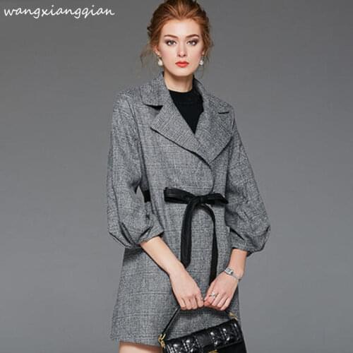 Womens Autumn winter Medium length large size blazer casual slim long-sleeved plaid suit collar tooling blazer women coat A494