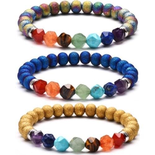 7 Chakra Bracelet Colorful Metal Effect Stone Healing Balance Beads Reiki Buddha Prayer Natural Stone Yoga Bracelet Jewelry