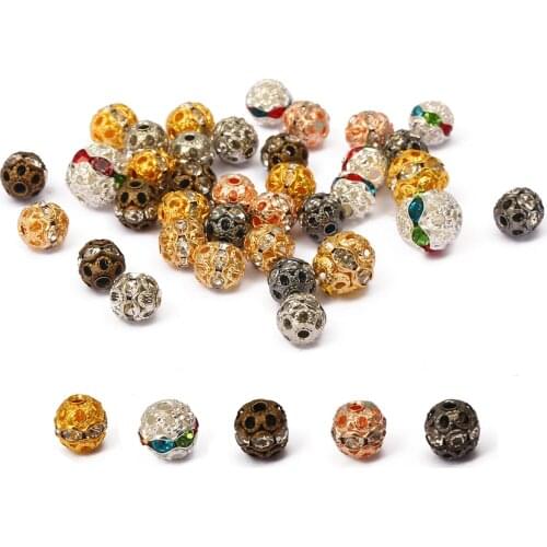 20Pcs 6mm 8mm Copper Metal Plated Crystal Rhinestone Round Ball Spacer Loose Beads For Jewelry Making DIY Bracelet Necklace