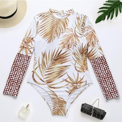 One Piece Swimsuit 2021 Rashguard Sexy Long Sleeve Surf Swimwear Women Print Bathing Beach Wear Swimming Suit Monokini Bodysuit