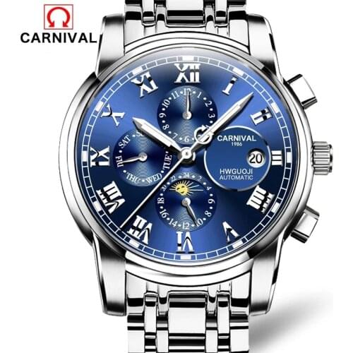 2021 CARNIVAL Fashion Automatic Military Watch Men Luxury Moon Phase Mechanical Wristwatch Waterproof Luminous Relogio Masculino
