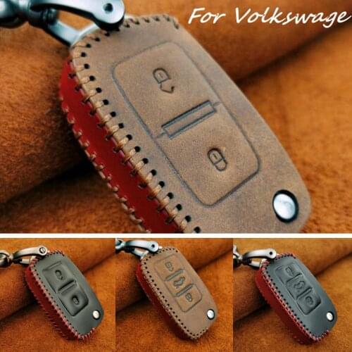 Handmade Genuine Leather Car Folding Key Case Cover With Key Chain For Volkswagen New Lavida Magotan Sagitar Passat Tiguan etc