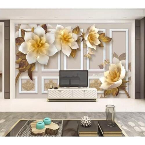 Decorative wallpaper 3D embossed camellia European retro style TV background wall