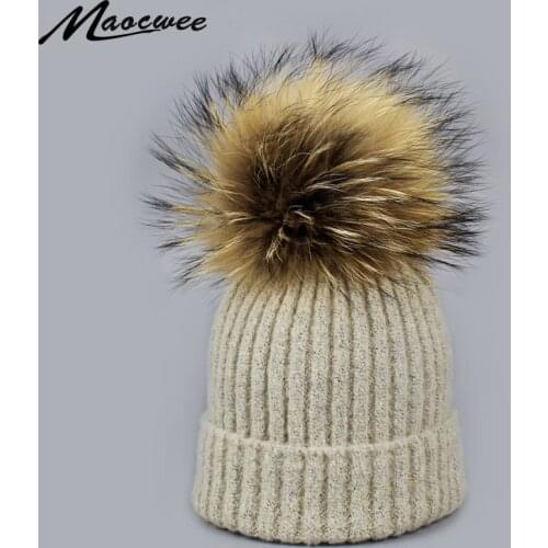 Children Knitted Real Fur Hat 100% Real Raccoon Fur Pom Pom Hats Winter Boy girl Cap beanie for Child 2-6 years old