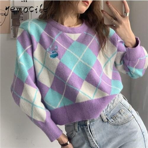 E Girl Argyle Plaid Vintage Sweater 2020 Autumn New Long Sleeve O Neck Knitted Pullover Y2K Women Sweaters 90s Clothes knitwear