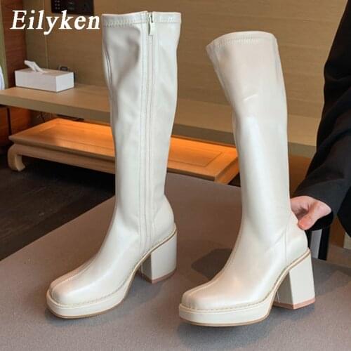 Eilyken Sexy Platform Square Toe Casual Knee-high Boots Square Heels Winter Zipper Womens White Motorcycle Boots Size 35-39