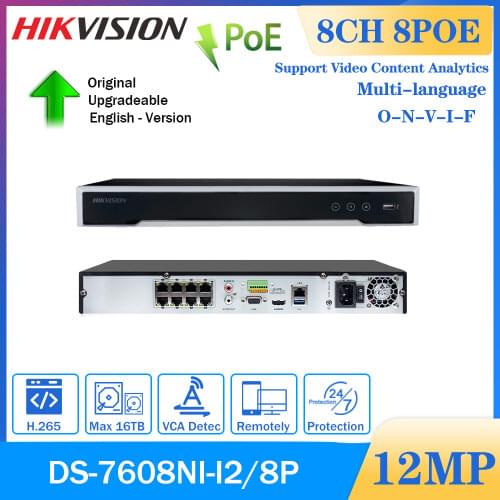 Hikvision Original NVR DS-7608NI-I2/8P 8CH 8 POE NVR for POE Camera 12MP Max 2 SATA Network Video Recorder