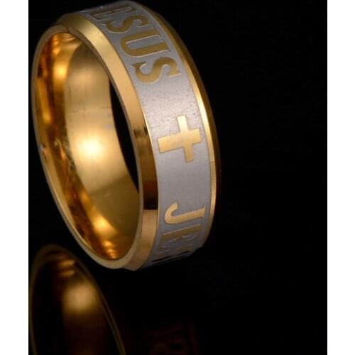 Classical 8mm Trendy Cross Crucifix Rings 316l Stainless Steel Gold Color Jesus Letter Wedding Ring For Wedding Gift