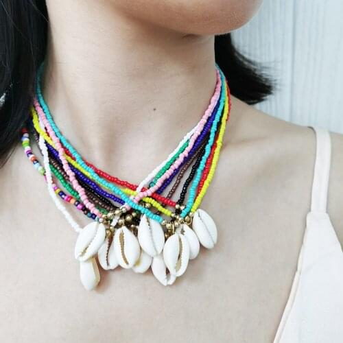 Fashion Bohemian Choker Link Necklace Rice Bead Chain Clavicle Jewelry Women Girl Summer Necklace Conch Pendant Boho Accessories