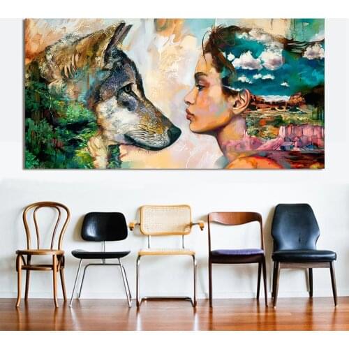 Wall Art Canvas Animal Oil Painting Wolf and Girl Wall Pictures For Living Room No Frame Posters and Paintings for Home Decor