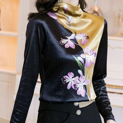 2020 Autumn Spring Womens Turtleneck Printed Long Sleeve Velvet T Shirt , Fashion 3xl Floral Velour Tshirts Tops Woman Clothes