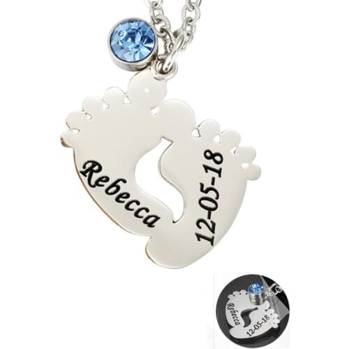 MYLONGINGCHARM Free engraving Personalized Baby Footprint Necklace,Custom name and date-Baby feet necklace with Birthstone
