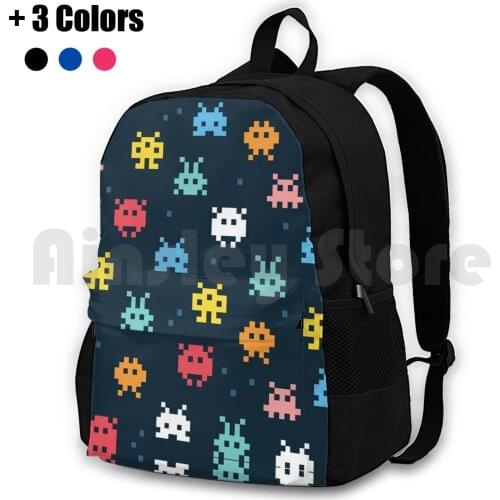 Pixel | Pixel Monsters Outdoor Hiking Backpack Waterproof Camping Travel Retro Space Space Invaders Arcade Invaders Game Geek