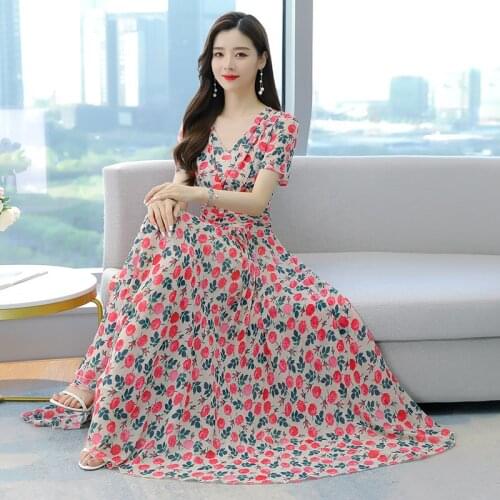 Plus Size Print Beach Maxi Sundress 2021 Floral Chiffon Boho Midi Dress Summer Vintage Elegant Women Bodycon Pink Party Vestidos