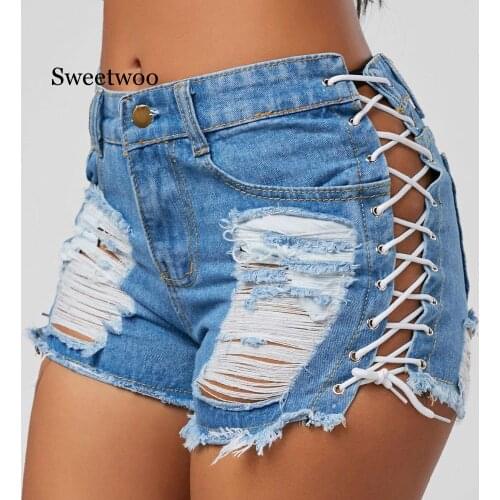 Sexy Summer Women Denim Shorts 2020 New Black Blue High Waist Ripped Short Jeans Tassel Lace Up Bandage Hotpants