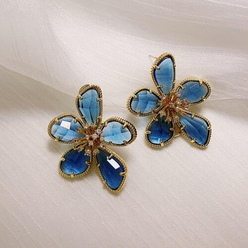 MOONROCY Gold Color Earrings Blue Red Gray Purple Pink Flower for Women Girls Gift Dropshipping Vintage Party Jewelry Wholesale