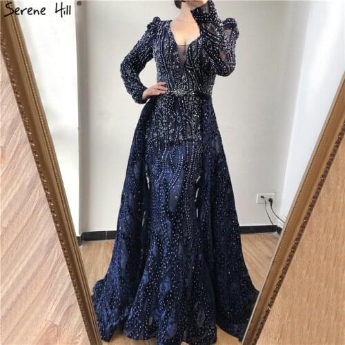 Serene Hill Dubai Blue Deep-V Crystal Sexy Evening Dress 2020 Long Sleeves Luxury Mermaid Formal Party Gown Plus Size CLA70223