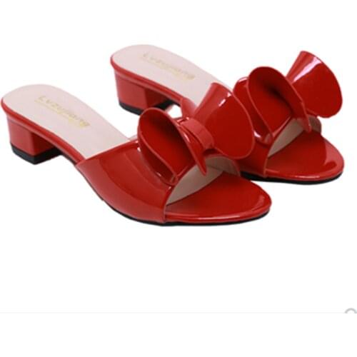 Ladies Sweet Slippers Open Toe Summer Patent Leather Shiny Shoes With Bow-knot Flowers Slides Outdoor Fashion Square Heel 4cm 43