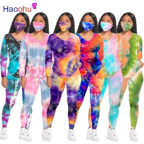 HAOOHU Sport Sweatsuit Tie Dye space Print Womens Set V-neck Tops Legging Pants Set Active Tracksuit Two Piece Fitness Outfit