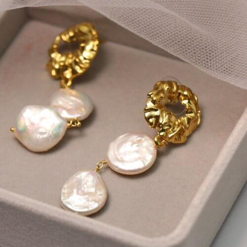 Stuning 18K real gold plated natural baroque pearl earrings drop