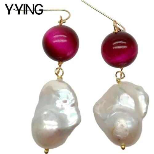 Y·YING Cultured White Keshi Pearl 14mm Fuchsia Tiger Eye round Dangle Hook Earrings trendy style for women