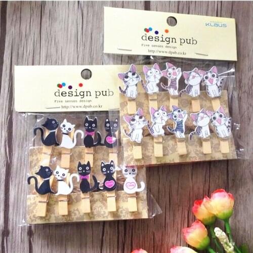 10pcs Cartoon Cheese cat wood clip with hemp rope Mini Secy Cat clip wood paper clip for bags sealing clip