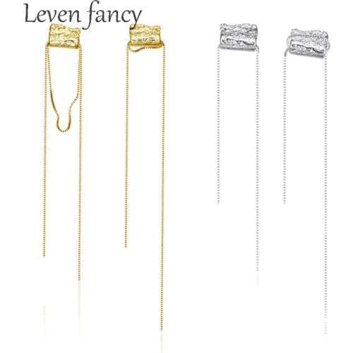 925 Sterling Silver Square Bar Studs Long Chain Tassel Earring Dangle Drop Earrings for Women Wedding Party Jewelry Gift