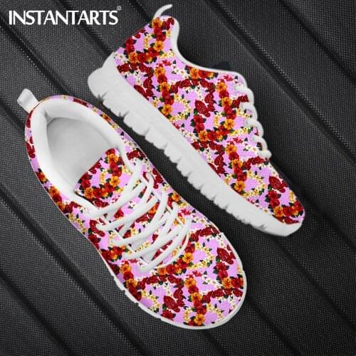 INSTANTARTS Brand Design Woman Flat Shoes Red Rose Pattern Spring Autumn Footwear Sneakers Female Mesh Walking Shoe Zapatillas