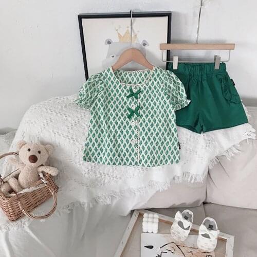 French Forest Lady Style Thin Shirt and Shorts Two-piece Suit Kids Boutique Clothing Wholesale Toddler Girl Summer Clothes 2021
