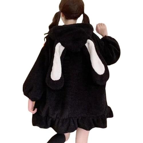 Women Cute Bunny Ear Long Sleeve Fuzzy Fluffy Rabbit Tops Sweatshirt Hoodie Jacket Coats with Pom Poms