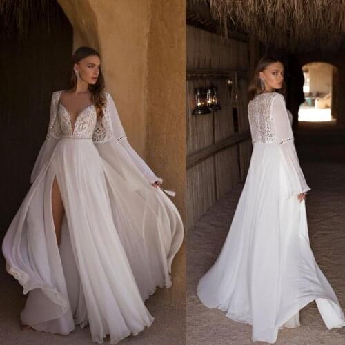 2019 Bohemian Wedding Dresses with Wraps Sexy V-Neck Side Split Chiffon Bridal Gowns Beach A-Line Wedding Dress Robe De Mariee