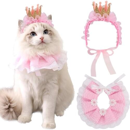 1Set Pet Birthday Acessorio Dress Up The Cat Pet Birthday Costume Cats Or Dogs Crown Hat Lace Saliva Towel Set Pet Birthday Bib