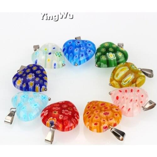 Yingwu Mixed 10pcs Wholesale Millefiori Glass Lampwork Heart Charm Beads Stainless Steel Pendants