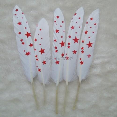 50Pcs/lot!The White Goose Feathers with Red Pentagon Painting Unique Feathers Wedding Feathers Hat Embellishment 9-15cm long