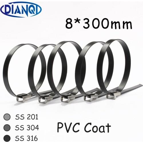 8*300 8mm 8x300 Stainless Steel Zip PVC coating Strong Stainless Steel Grade Metal Cable Ties Zip Tie Wraps