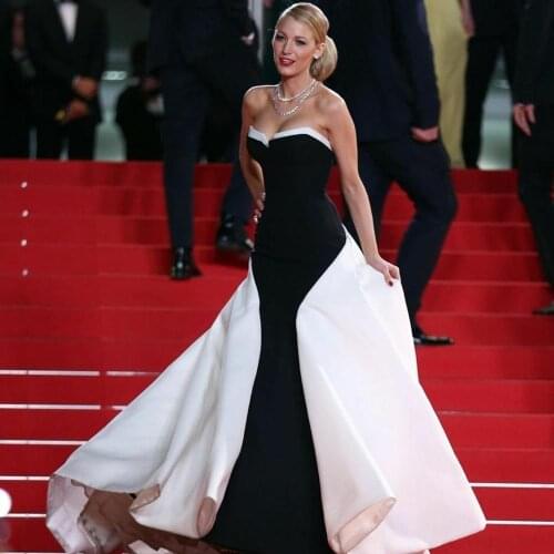 Modest Black and White Evening Dresses Strapless Satin Mermaid Red Carpet Dress robe de soiree Sweetheart vestido de festa